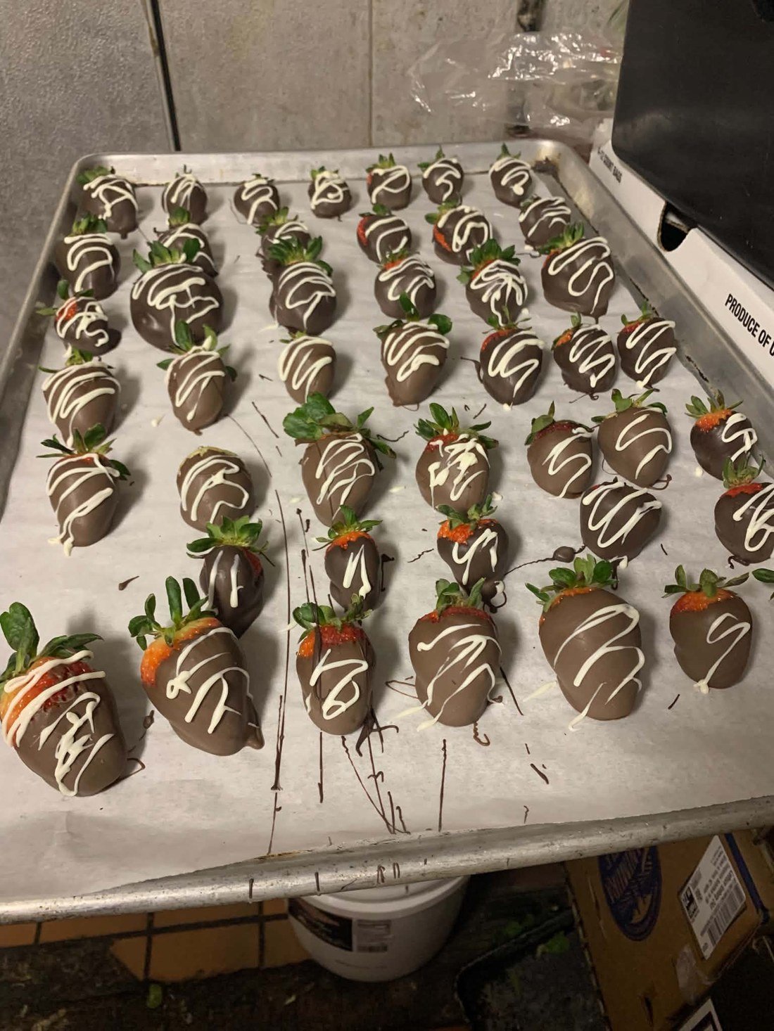 A full tray of chocolate-covered strawberries